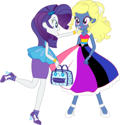 Size: 6629x6870 | Tagged: safe, artist:shootingstarsentry, rarity, oc, oc:azure/sapphire, equestria girls, equestria girls series, g4, absurd resolution, clothes, commission, crossdressing, drag queen, dress, femboy, genderfluid pride flag, high heels, makeover, makeup, male, open mouth, pansexual pride flag, pride, pride month, purse, raised leg, rarity peplum dress, shoes, simple background, smiling, transparent background