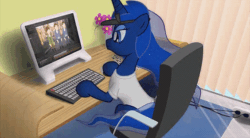 Size: 564x312 | Tagged: safe, artist:ndanimations, princess luna, pony, two best sisters play, g4, angry, animated, chair, clothes, computer, female, gif, hat, keyboard, shirt, youtube link