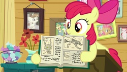 Size: 1920x1080 | Tagged: safe, screencap, apple bloom, applejack, babs seed, featherweight, rainbow dash, pony, timber wolf, g4, the last crusade, book, female, picture frame