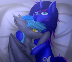 Size: 3500x3000 | Tagged: safe, artist:snowstormbat, oc, oc only, oc:aphelion darkmoon, oc:midnight snowstorm, bat pony, pony, unicorn, bed, duo, fangs, gay, high res, looking at you, male, snuggling, stallion, wings