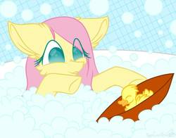 Size: 1008x792 | Tagged: safe, artist:pegacousinceles, fluttershy, pegasus, pony, g4, bath, bubble, bubble bath, bust, cheek fluff, cute, duckling, eye clipping through hair, female, looking at something, paper boat, shyabetes, smiling, solo, stray strand, three quarter view, wet mane