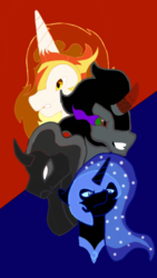 Size: 670x1192 | Tagged: safe, artist:arondight2016, daybreaker, king sombra, nightmare moon, pony of shadows, alicorn, pony, unicorn, g4, abstract background, armor, bust, cute, ethereal mane, female, group, male, mare, quartet, sombra eyes, stallion, starry mane