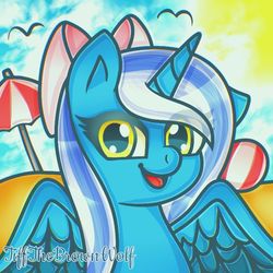 Size: 600x600 | Tagged: safe, artist:tiffthebrownwolf, oc, oc:fleurbelle, alicorn, pony, seagull, alicorn oc, beach, beach ball, beach umbrella, bow, female, hair bow, mare, seagulls, solo, sun, yellow eyes