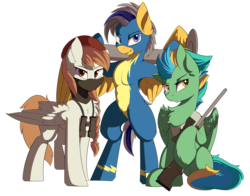 Size: 4300x3364 | Tagged: safe, artist:beardie, oc, oc only, earth pony, pegasus, pony, bipedal, clothes, gun, uniform, weapon, wonderbolts uniform