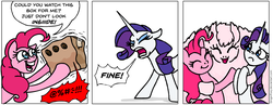 Size: 931x363 | Tagged: safe, artist:gingerfoxy, pinkie pie, rarity, oc, oc:fluffle puff, earth pony, pony, unicorn, pony comic generator, g4, censored vulgarity, comic, grawlixes