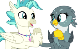 Size: 1024x650 | Tagged: safe, artist:sketchmcreations, gabby, terramar, classical hippogriff, griffon, hippogriff, g4, the last crusade, duo, female, fist bump, jewelry, looking at each other, male, necklace, open mouth, simple background, smiling, transparent background, vector