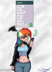 Size: 1024x1409 | Tagged: safe, artist:ringteam, rainbow dash, human, g4, abs, angry, belly button, cellphone, clothes, humanized, implied zephyr breeze, pants, phone, rainbow dash is not amused, shirt, unamused, whatsapp