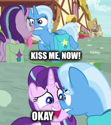 Size: 1280x1440 | Tagged: safe, edit, edited screencap, screencap, starlight glimmer, trixie, g4, student counsel, angry, boop, caption, discovery family logo, female, image macro, lesbian, meme, nervous, noseboop, ship:startrix, shipping, text