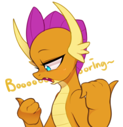 Size: 2525x2597 | Tagged: safe, artist:maren, smolder, dragon, g4, bored, boring, brat, bust, dialogue, dragoness, female, high res, horns, lidded eyes, looking down, open mouth, profile, side view, simple background, smolder is not amused, snobby, solo, teenaged dragon, teenager, thumbs, thumbs down, unamused, unimpressed, white background