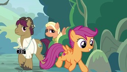 Size: 1920x1080 | Tagged: safe, screencap, mane allgood, scootaloo, snap shutter, earth pony, pegasus, pony, g4, the last crusade, camera, clothes, father and daughter, female, hat, like father like daughter, like mother like daughter, male, mare, mother and daughter, stallion