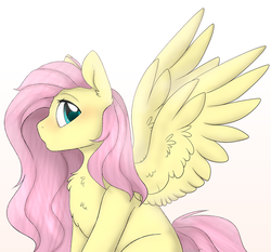 Size: 2354x2194 | Tagged: safe, artist:mariashek, fluttershy, pegasus, pony, g4, chest fluff, female, high res, looking at you, looking sideways, mare, open mouth, profile, simple background, sitting, solo, spread wings, white background, wings