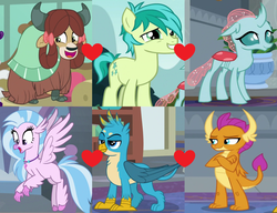 Size: 1924x1480 | Tagged: safe, artist:shipper anon, edit, edited screencap, screencap, gallus, ocellus, sandbar, silverstream, smolder, yona, changedling, changeling, classical hippogriff, dragon, earth pony, griffon, hippogriff, pony, g4, school daze, cropped, female, gallus gets all the mares, interspecies, love triangle, male, sandbar gets all the mares, ship:gallstream, ship:ocelbar, ship:yonabar, shipping, shipping domino, smollus, straight, student six, wrong aspect ratio