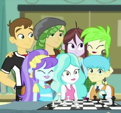 Size: 712x663 | Tagged: safe, screencap, aqua blossom, bright idea, cherry crash, paisley, sandalwood, teddy t. touchdown, velvet sky, a queen of clubs, equestria girls, g4, my little pony equestria girls: better together, background human, chess, chess piece, chessboard, clothes, cropped, eyes closed, female, male, smiling
