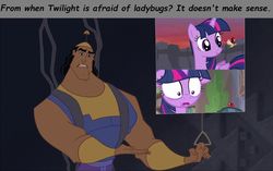 Size: 1280x806 | Tagged: safe, edit, screencap, twilight sparkle, alicorn, human, ladybug, pony, g4, interseason shorts, it ain't easy being breezies, starlight the hypnotist, coccinellidaephobia, confused, floppy ears, kronk, the emperor's new groove, twilight hates ladybugs, twilight sparkle (alicorn)