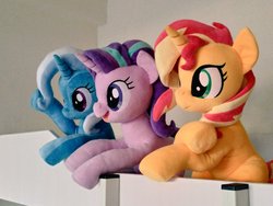 Size: 1024x768 | Tagged: safe, artist:nekokevin, starlight glimmer, sunset shimmer, trixie, pony, unicorn, series:nekokevin's glimmy, g4, crossed hooves, female, irl, magical trio, mare, open mouth, photo, plushie, raised hoof, smiling, trio, underhoof