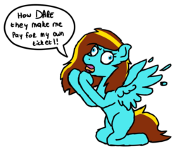Size: 1200x1012 | Tagged: safe, artist:spokenmind93, oc, oc only, oc:ilovekimpossiblealot, pegasus, pony, bronycon, angry, derail in the comments, derp, drama, female, kneeling, mare, op is a duck, op is on drugs, op is trying to start shit, op is trying to start shit so badly that it's kinda funny, simple background, speech bubble, spread wings, white background, wings