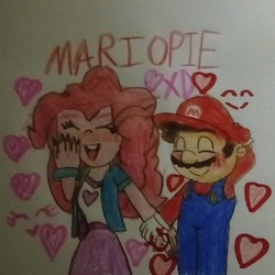 Size: 1080x1080 | Tagged: safe, pinkie pie, equestria girls, g4, crossover, crossover shipping, female, heart, male, mario, mariopie, shipping, straight, super mario bros., traditional art