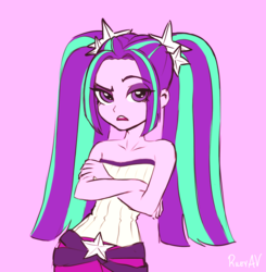 Size: 1255x1280 | Tagged: safe, artist:rileyav, aria blaze, equestria girls, g4, my little pony equestria girls: rainbow rocks, adorasexy, ariabetes, bare shoulders, breasts, clothes, corset, crossed arms, cute, delicious flat chest, eye clipping through hair, female, lidded eyes, looking at you, open mouth, pigtails, pink background, raised eyebrow, sexy, simple background, sleeveless, solo, strapless, twintails