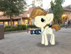 Size: 4032x3024 | Tagged: safe, gameloft, photographer:undeadponysoldier, featherweight, pegasus, pony, g4, amusement park, augmented reality, bucktooth, building, camera, colt, disney world, epcot, florida, irl, light, male, norway, orlando, photo, ponies in real life, solo, theme park, trash can, walt disney world