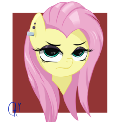 Size: 2142x2178 | Tagged: safe, artist:arume_lux, fluttershy, pegasus, pony, fake it 'til you make it, bust, disembodied head, ear piercing, eyeshadow, female, fluttergoth, looking at you, makeup, mare, piercing, solo, unamused