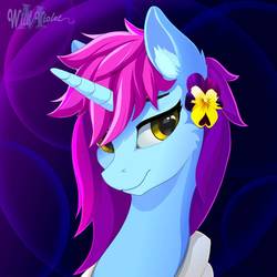 Size: 894x894 | Tagged: safe, artist:wildviolet-m, oc, oc only, oc:wild violet, pony, unicorn, abstract background, bust, flower, flower in hair, solo