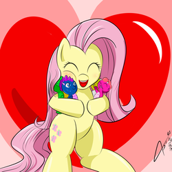 Size: 2000x2000 | Tagged: safe, artist:asajiopie01, fluttershy, dragon, g4, sweet and smoky, baby, baby dragon, cute, eyes closed, heart, heart background, high res, holding, shyabetes, signature