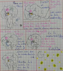 Size: 979x1103 | Tagged: safe, artist:woonna, derpibooru exclusive, oc, oc:flora, pony, unicorn, crying, dialogue, graph paper, spanish, traditional art, translated in the description