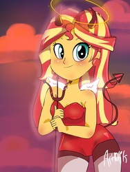 Size: 1800x2400 | Tagged: safe, artist:artmlpk, sunset shimmer, equestria girls, g4, alternate hairstyle, angel and devil, blushing, clothes, costume, cute, devil horns, devil tail, female, halloween, halloween costume, halo, holiday, horns, looking at you, pitchfork, pose, red, red clouds, shimmerbetes, solo