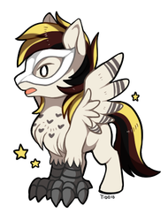 Size: 350x460 | Tagged: safe, artist:mr-tiaa, oc, oc only, oc:silent flight, hippogriff, chest fluff, chibi, colored wings, colored wingtips, hippogriff oc, male, mask, open mouth, signature, simple background, solo, spread wings, standing, stars, white background, wings