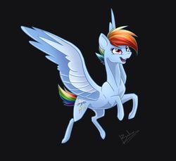 Size: 1280x1175 | Tagged: safe, artist:bakud, rainbow dash, pegasus, pony, g4, black background, female, g5 concept leak style, g5 concept leaks, mare, rainbow dash (g5 concept leak), signature, simple background, solo, spread wings, wings