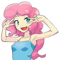 Size: 960x973 | Tagged: safe, artist:siagia, edit, pinkie pie, human, g4, armpits, bare shoulders, breasts, bust, clothes, cropped, double peace sign, eyelashes, female, happy, humanized, looking at you, open mouth, peace sign, simple background, smiling, solo, tank top, white background