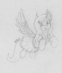 Size: 822x973 | Tagged: safe, artist:wapamario63, fluttershy, pegasus, pony, g4, clothes, cute, female, flying, mare, moe, monochrome, pleated skirt, school uniform, schoolgirl, sketch, skirt, solo, traditional art, wings