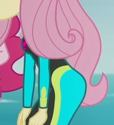 Size: 2100x2289 | Tagged: safe, screencap, fluttershy, pinkie pie, equestria girls, g4, my little pony equestria girls: better together, unsolved selfie mysteries, ass, butt, clothes, cropped, female, flutterbutt, fluttershy's wetsuit, geode of fauna, high res, magical geodes, swimsuit, wetsuit