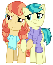 Size: 811x985 | Tagged: safe, artist:sketchmcreations, aunt holiday, auntie lofty, earth pony, pegasus, pony, g4, the last crusade, clothes, couple, duo, female, holding hooves, scarf, simple background, smiling, sweater, transparent background, vector