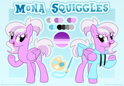 Size: 5739x4000 | Tagged: safe, artist:partypievt, oc, oc only, oc:mona squiggles, pegasus, pony, base used, bow, clothes, female, hoodie, paintbrush, palette, ponytail, reference sheet, solo, underhoof