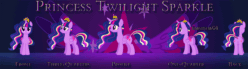 Size: 1296x360 | Tagged: safe, artist:earthstar01, twilight sparkle, alicorn, pony, g4, angle, animated, back, beautiful, big crown thingy, butt, colored wings, colored wingtips, crown, ethereal mane, female, flowing mane, front view, jewelry, looking at you, mare, one quarter view, plot, profile, rainbow power, regalia, solo, standing, three quarter view, twilight sparkle (alicorn), wings