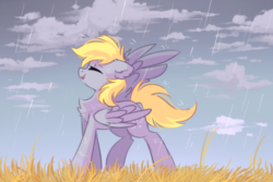 Size: 2449x1632 | Tagged: safe, artist:mirtash, derpy hooves, pegasus, pony, rcf community, g4, chest fluff, cloud, cute, derpabetes, ear fluff, eyes closed, female, grass, mare, outdoors, rain, smiling, solo, spread wings, wet, wings