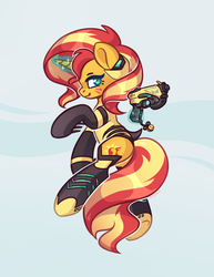 Size: 1312x1700 | Tagged: safe, artist:avonir, sunset shimmer, pony, unicorn, g4, armor, crossover, d.va, facial markings, female, glowing horn, gun, horn, levitation, looking at you, magic, overwatch, simple background, solo, telekinesis, weapon, whisker markings