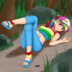 Size: 2000x2000 | Tagged: safe, artist:focusb, rainbow dash, human, equestria girls, equestria girls series, g4, spring breakdown, spoiler:eqg series (season 2), clothes, cruise outfit, feet, female, front knot midriff, high res, human coloration, humanized, looking at you, midriff, sandals, sexy, solo, stupid sexy rainbow dash