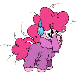 Size: 788x750 | Tagged: safe, artist:bennimarru, pinkie pie, pony, g4, bundled up for winter, clothes, colored, earmuffs, female, filly, filly pinkie pie, flat colors, jacket, scarf, simple background, solo, tongue out, transparent background, winter outfit, younger