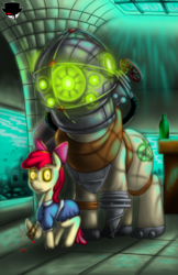 Size: 1584x2448 | Tagged: safe, artist:fiercewendigo, apple bloom, big macintosh, g4, big daddy, bioshock, brother and sister, crossover, duo, female, filly, little sister, male, siblings, stallion, video game crossover