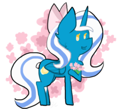Size: 621x554 | Tagged: safe, artist:royalswirls, oc, oc only, oc:fleurbelle, alicorn, earth pony, pony, abstract background, alicorn oc, bouquet, bow, female, flower, hair bow, mare, solo