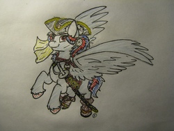 Size: 1280x960 | Tagged: safe, oc, oc:hellfire, pegasus, pony, clothes, female, hat, mare, pirate, pirate hat, red eyes, rule 63, sword, traditional art, weapon