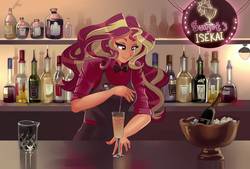 Size: 1087x735 | Tagged: safe, artist:xjenn9, sunset shimmer, fanfic:sunset's isekai, equestria girls, g4, alcohol, apron, bar, barmaid, bartender, clothes, cute, drink, fanfic art, female, ice, lidded eyes, shimmerbetes, smiling, solo, straw, wanderer d
