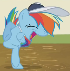 Size: 372x380 | Tagged: safe, screencap, rainbow dash, pegasus, pony, flight to the finish, g4, season 4, abomination, close-up, coach rainbow dash, cropped, eyes closed, female, great moments in animation, happy, hat, mare, open mouth, smear frame, smiling, solo, wat, whistle