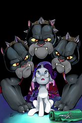 Size: 1196x1800 | Tagged: safe, artist:pencils, idw, cerberus (character), rarity, cerberus, g4, spoiler:comic, spoiler:comic82, cover, multiple heads, three heads