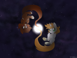 Size: 1600x1200 | Tagged: safe, artist:sinamuna, derpibooru exclusive, oc, oc only, oc:java, oc:littlepip, earth pony, pony, unicorn, fallout equestria, boots, clothes, duo, fanfic, fanfic art, female, floating, galaxy, hooves, horn, magic, mare, pair, shoes, space, stars, symbolism, unobtrusive watermark, upside down, wallpaper, yin-yang
