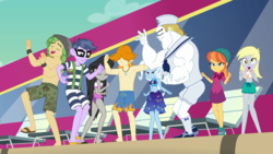 Size: 1280x720 | Tagged: safe, screencap, bulk biceps, derpy hooves, microchips, octavia melody, orange sunrise, sandalwood, trixie, valhallen, equestria girls, equestria girls series, g4, i'm on a yacht, spoiler:eqg series (season 2), ankles, armpits, background human, beach chair, bikini, chair, clothes, dancing, feet, female, glasses, hat, legs, male, male feet, sailor, sailor hat, sandals, sarong, shorts, smiling, swimming trunks, swimsuit