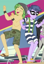 Size: 720x1041 | Tagged: safe, screencap, microchips, octavia melody, sandalwood, equestria girls, equestria girls series, g4, i'm on a yacht, spoiler:eqg series (season 2), animation error, ankles, camp everfree logo, clothes, cropped, dancing, feet, legs, male, male feet, partial nudity, raised leg, sandals, shorts, smiling, swimming trunks, topless