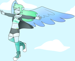 Size: 3184x2574 | Tagged: safe, artist:thatgreypeanut, oc, oc only, oc:flicker swift, human, pegasus, eared humanization, eyes closed, female, flying, high res, humanized, solo, winged humanization, wings